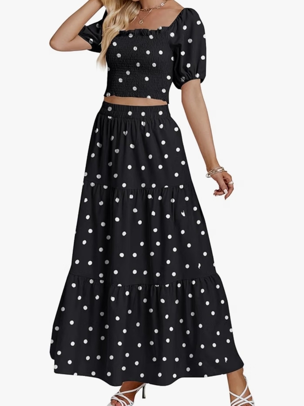 Polka Dot Tiered Maxi Skirt Set - Black & White